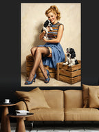Köpek Tutan Sarışın Pin Up Kadın Kanvas Tablo