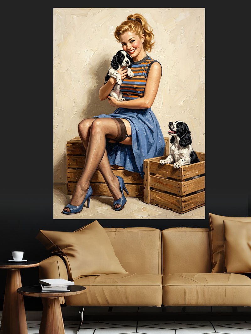 Köpek Tutan Sarışın Pin Up Kadın Kanvas Tablo