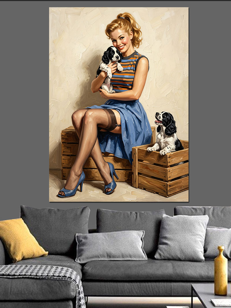 Köpek Tutan Sarışın Pin Up Kadın Kanvas Tablo
