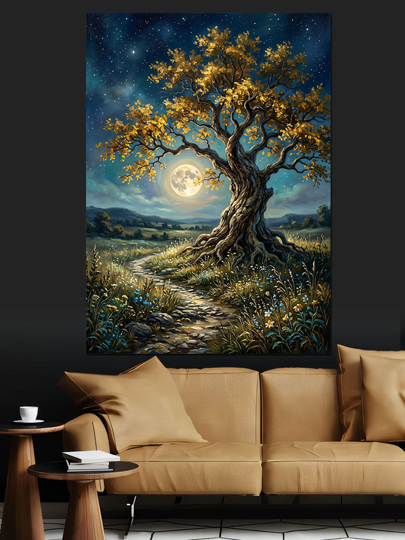 Sarı Yapraklı Ağaç Dolunay Gece Kanvas Tablo