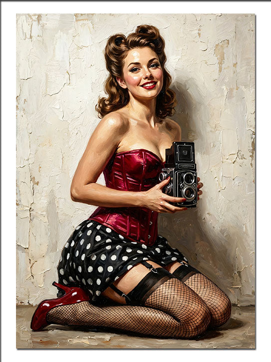 Fotoğraf Makinesi ile Pin Up Kadın Retro kanvas