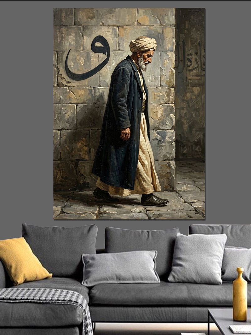 Yaşlı Adam Duvar ve Vav Yazısı Kanvas Tablo