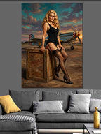 Pin Up Sarışın Uçak Önünde Poz Kanvas Tablo