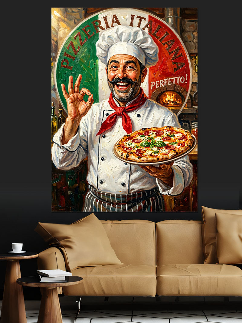 Pizza Tutan Neşeli İtalyan Aşçı Kanvas Tablo