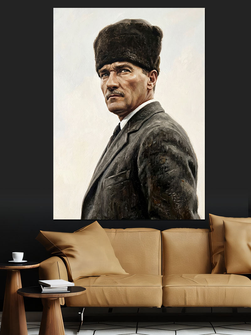Atatürk Kalpaklı Portre Siyah Beyaz Kanvas Tablo