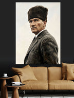 Atatürk Kalpaklı Portre Siyah Beyaz Kanvas Tablo