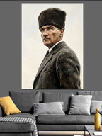 Atatürk Kalpaklı Portre Siyah Beyaz Kanvas Tablo