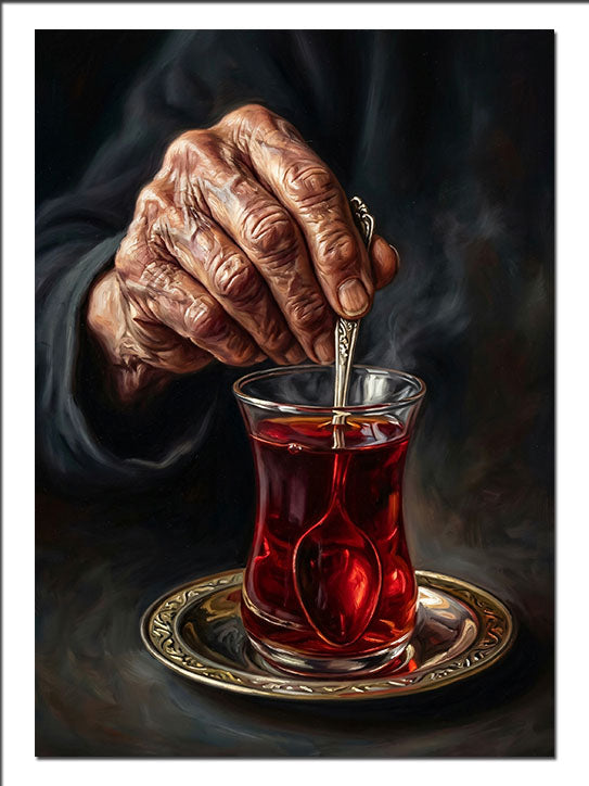 Çay Karıştıran Yaşlı El ve Bardak İnsan kanvas