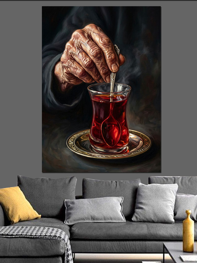 Çay Karıştıran Yaşlı El ve Bardak Kanvas Tablo