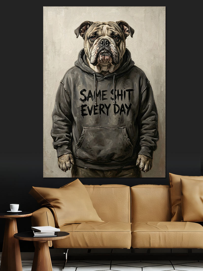 Bulldog Kapüşonlu Komik Köpek Kanvas Tablo