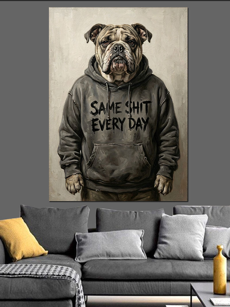 Bulldog Kapüşonlu Komik Köpek Kanvas Tablo