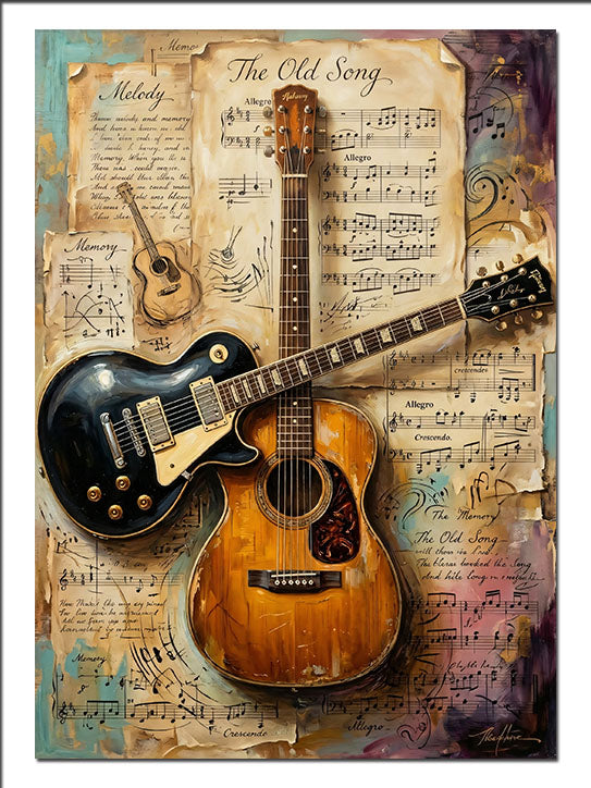 Gitarlar Nota Kağıdı Vintage Koleksiyon Müzik kanvas