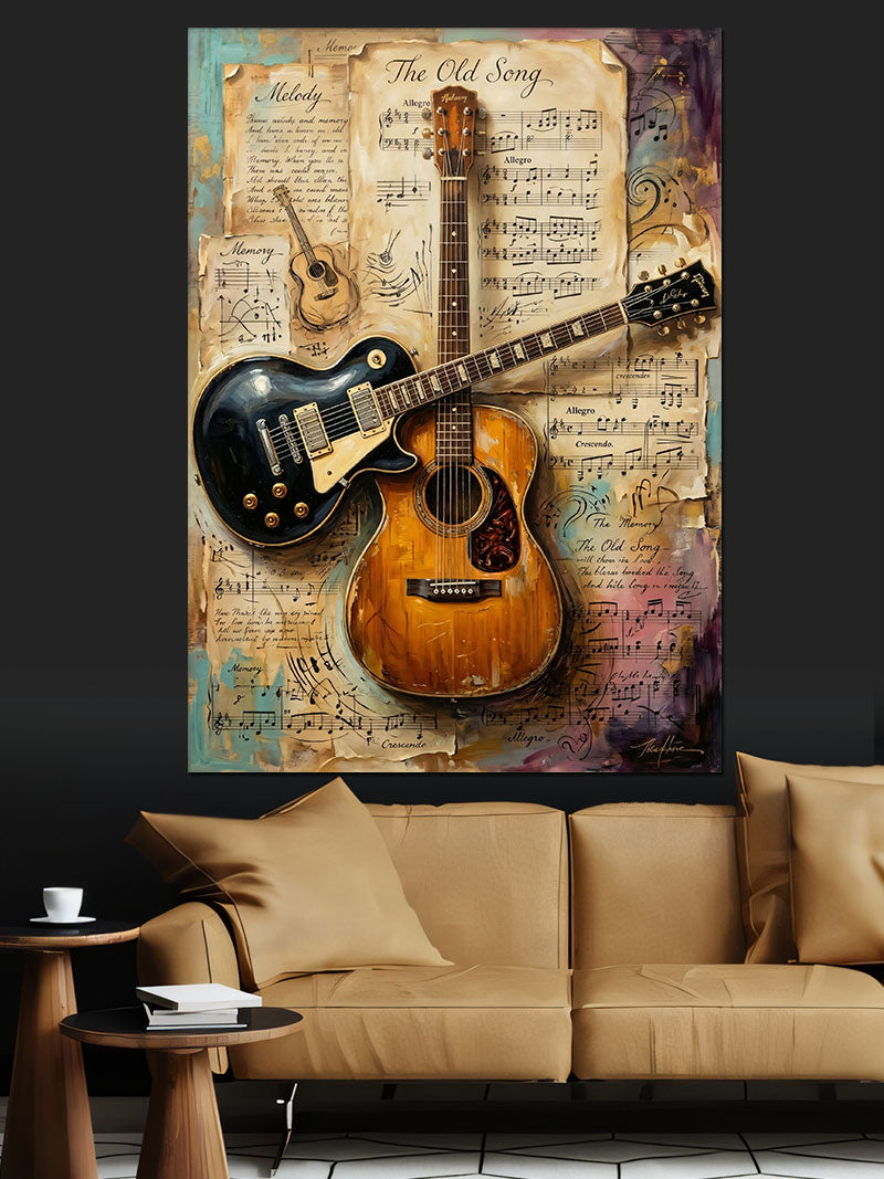 Gitarlar Nota Kağıdı Vintage Koleksiyon Kanvas Tablo
