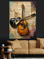 Gitarlar Nota Kağıdı Vintage Koleksiyon Kanvas Tablo