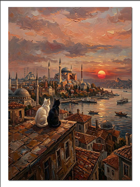 İstanbul Gün Batımı ve İki Kedi İstanbul kanvas tablo