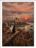 İstanbul Gün Batımı ve İki Kedi İstanbul kanvas tablo