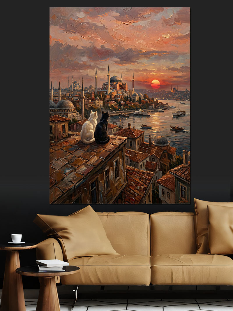 İstanbul Gün Batımı ve İki Kedi Kanvas Tablo