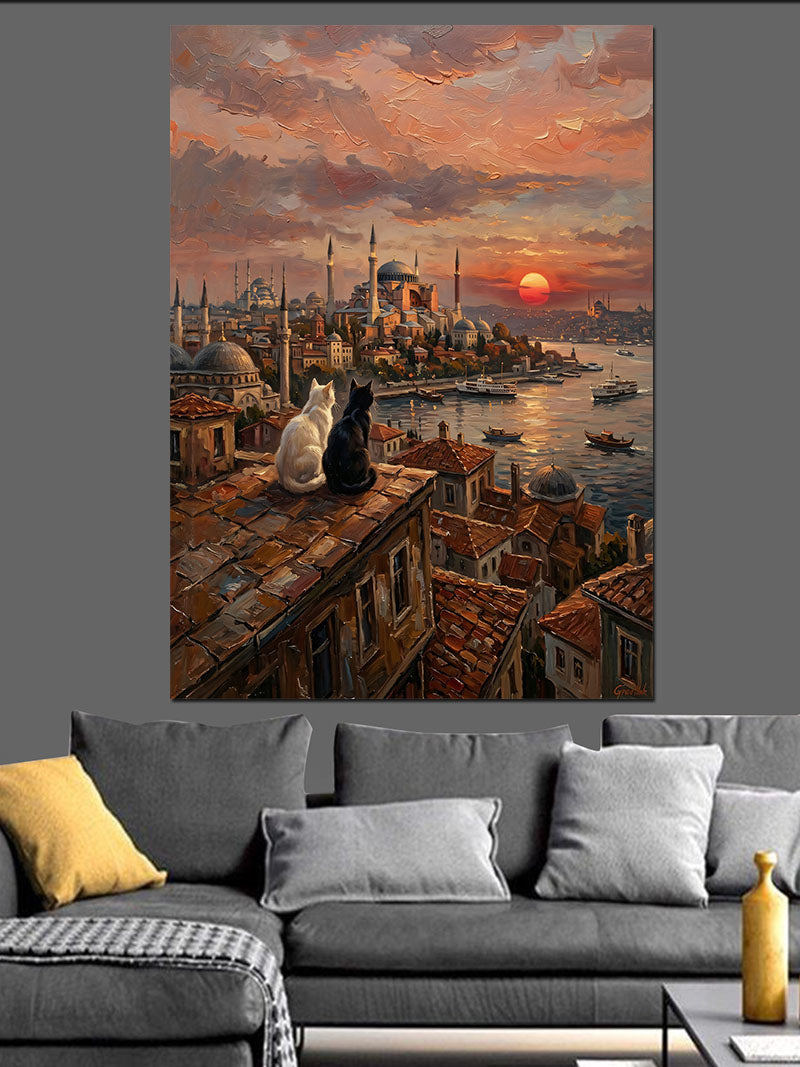 İstanbul Gün Batımı ve İki Kedi Kanvas Tablo