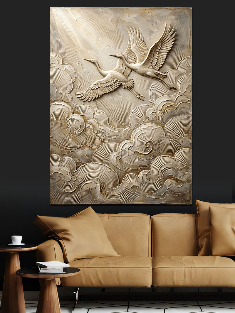 Beyaz Turnalar Bulut Üzeri Kabartma Kanvas Tablo