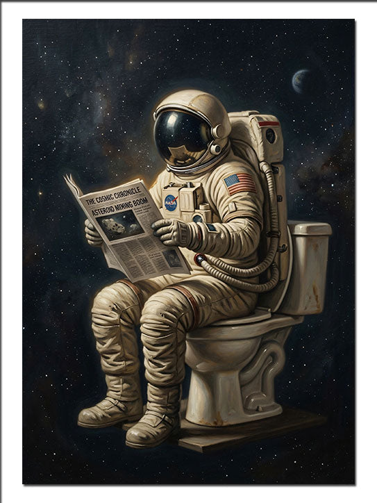 Astronot Tuvalette Gazete Okuyan Hayvan kanvas tablo