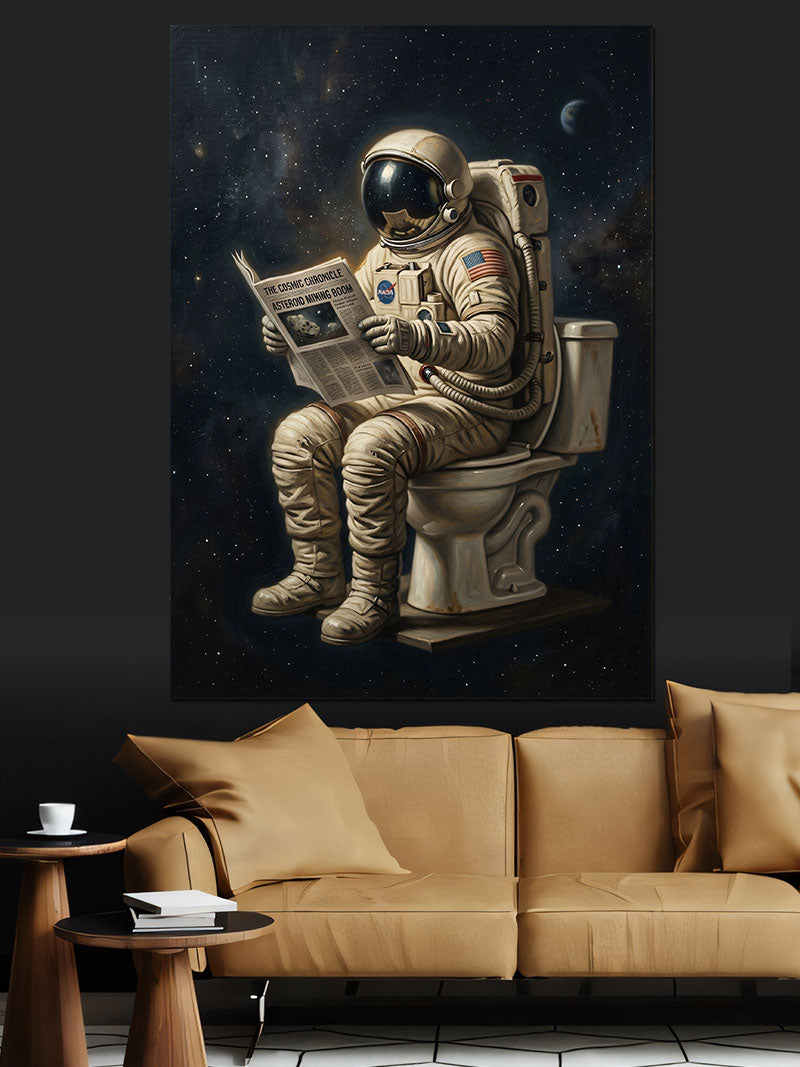 Astronot Tuvalette Gazete Okuyan Kanvas Tablo