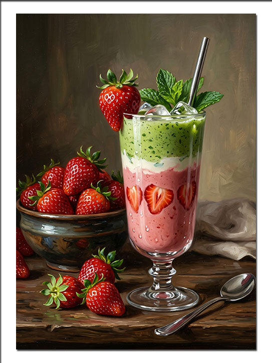 Çilekli Milkshake ve Çilek Kasesi Yiyecek - İçecek kanvas tablo