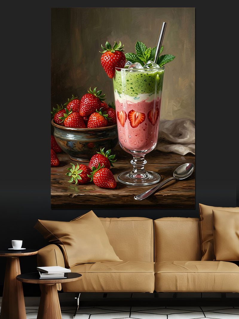 Çilekli Milkshake ve Çilek Kasesi Kanvas Tablo