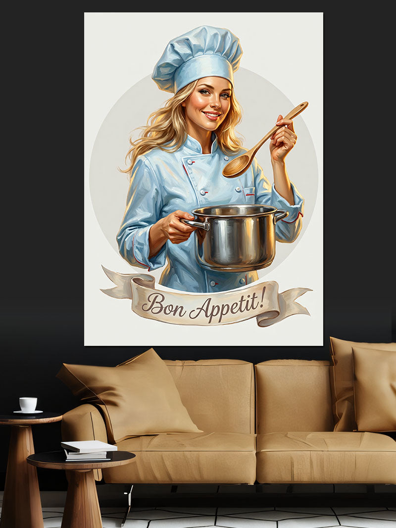 Bon Appetit Aşçı Kadın Tencere Kanvas Tablo