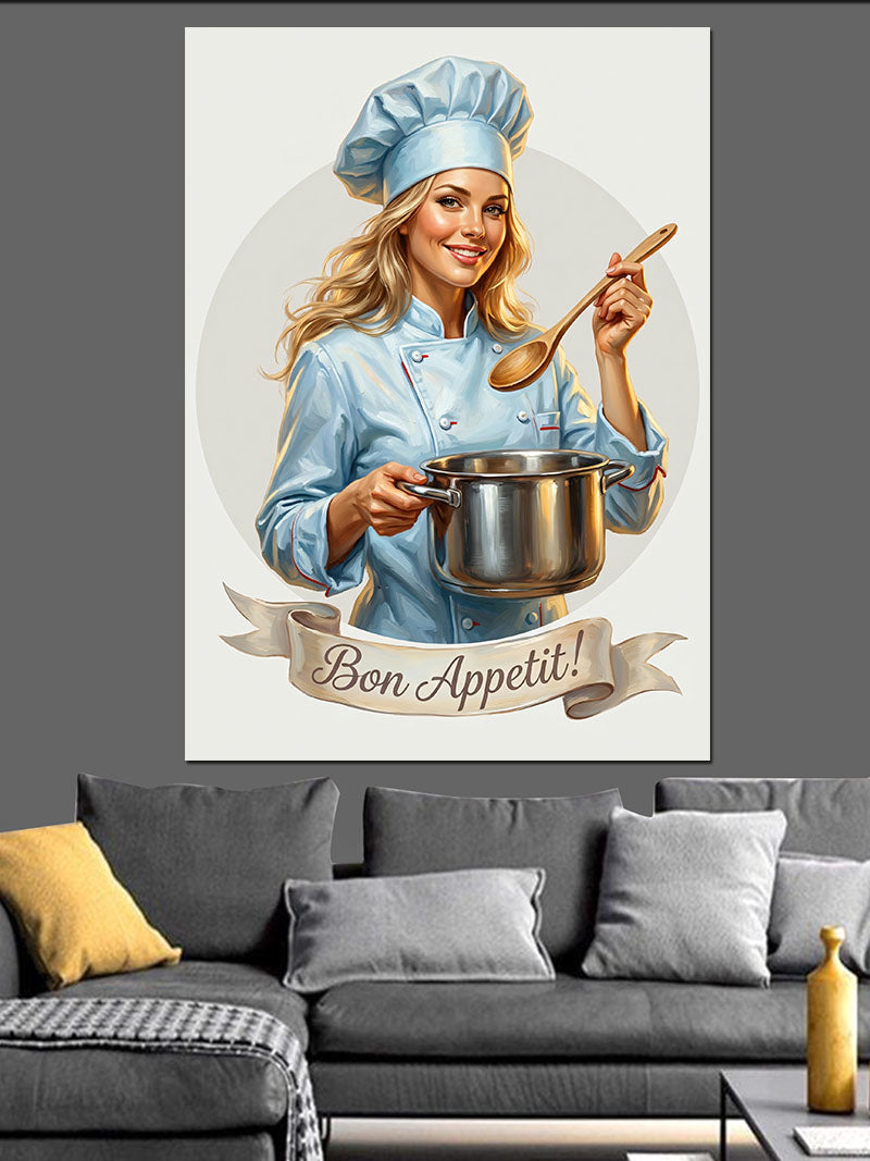 Bon Appetit Aşçı Kadın Tencere Kanvas Tablo