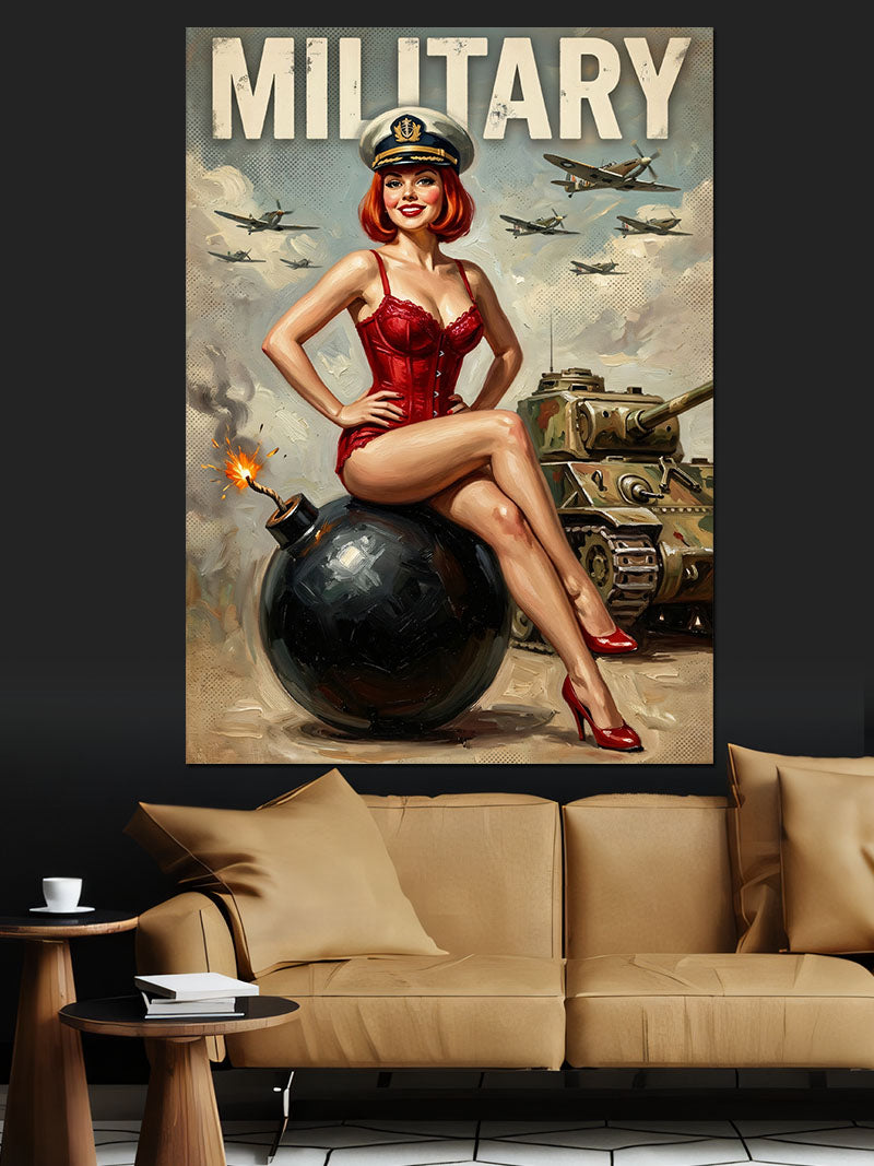 Pin Up Kız Bomba Üzerinde Askeri Kanvas Tablo