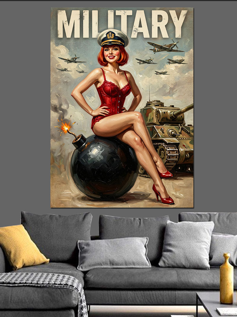 Pin Up Kız Bomba Üzerinde Askeri Kanvas Tablo