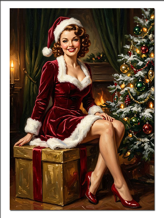 Noel Pin Up Kadın Hediye Kutusu Retro kanvas tablo