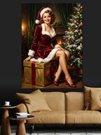Noel Pin Up Kadın Hediye Kutusu Kanvas Tablo