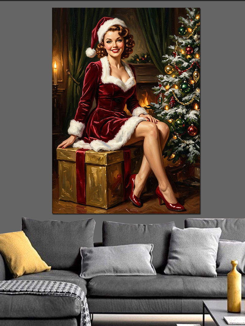 Noel Pin Up Kadın Hediye Kutusu Kanvas Tablo