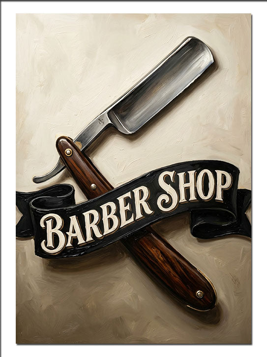 Barber Shop Ustura ve Bant Logo Retro kanvas tablo