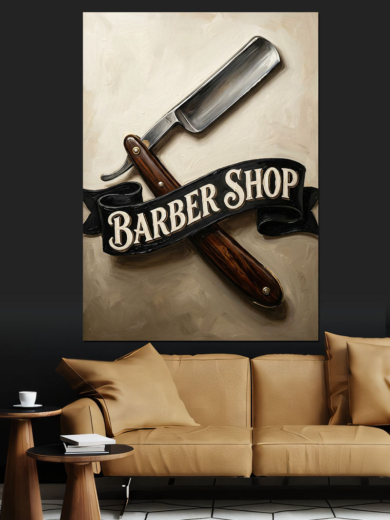 Barber Shop Ustura ve Bant Logo Kanvas Tablo