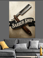 Barber Shop Ustura ve Bant Logo Kanvas Tablo
