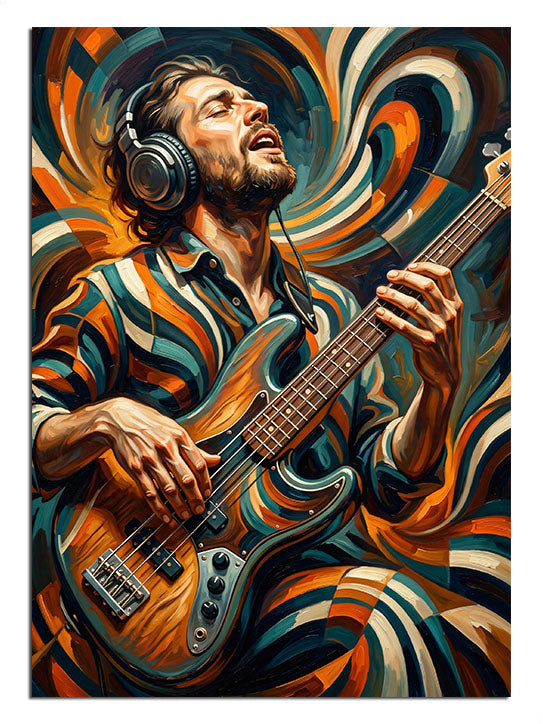 Kulaklıkla bas gitar çalan renkli gömlekli adam, müzik tablosu.
