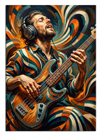 Kulaklıkla bas gitar çalan renkli gömlekli adam, müzik tablosu.