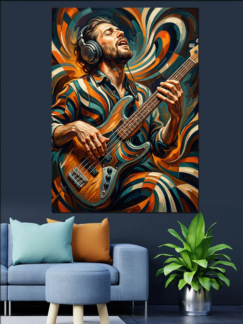Kulaklıklı Bas Gitar Çalan Adam Kanvas Tablo