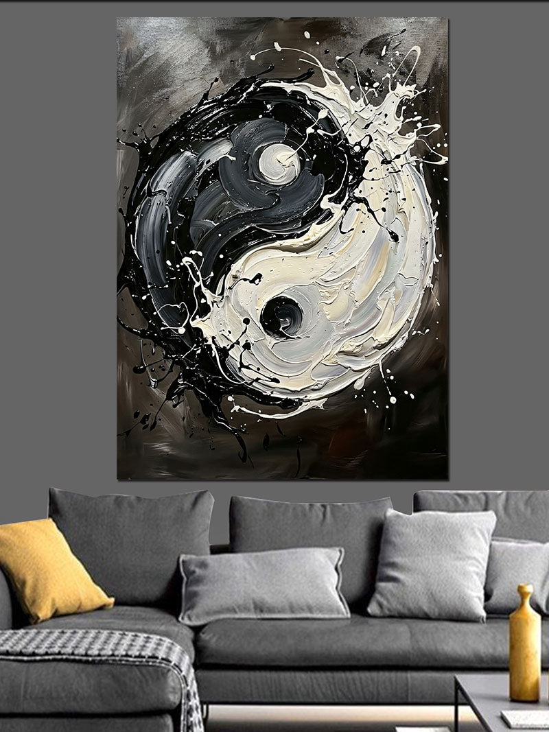 Siyah Beyaz Yin Yang Boya Sıçrama Kanvas Tablo