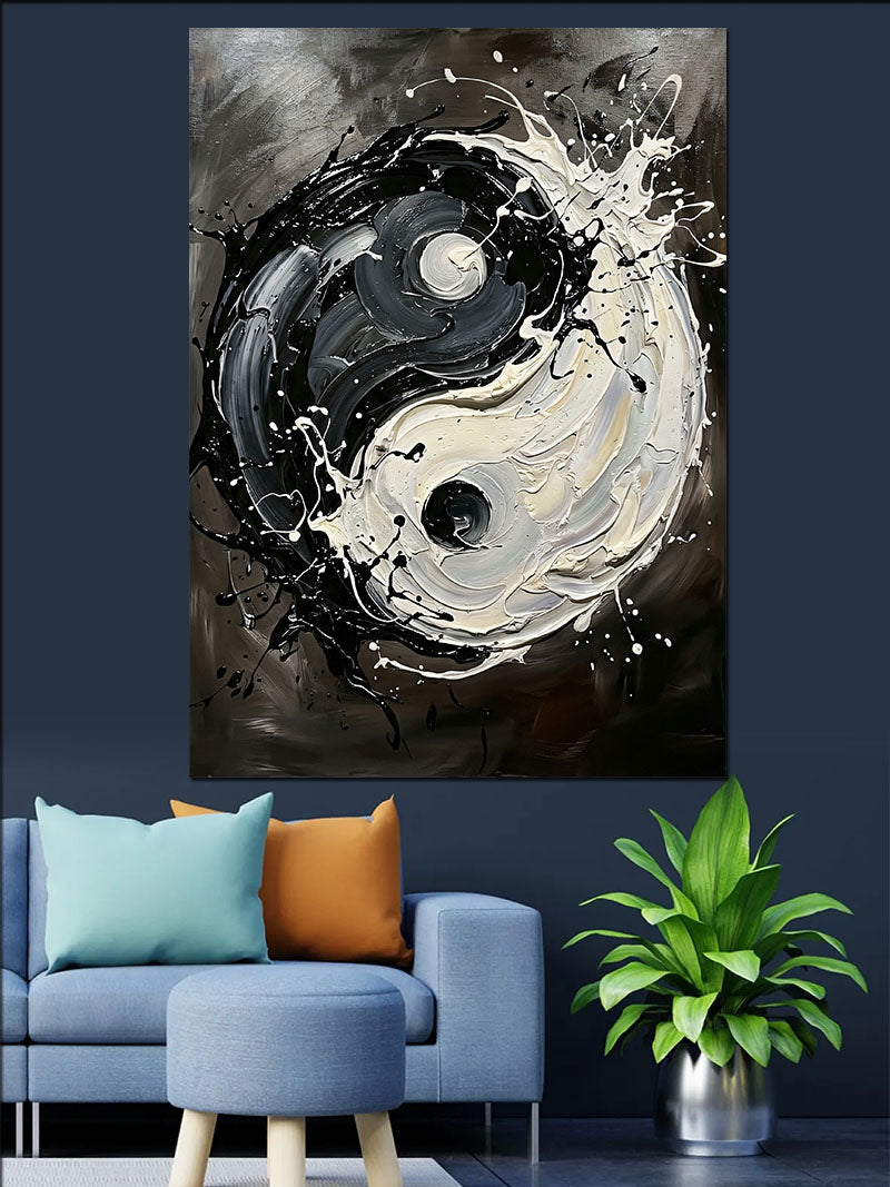 Siyah Beyaz Yin Yang Boya Sıçrama Kanvas Tablo