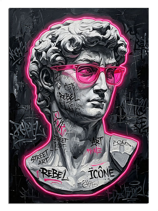 Pembe gözlüklü Davut heykeli ve grafiti neon çerçeve, pop-art tablo.