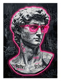 Pembe gözlüklü Davut heykeli ve grafiti neon çerçeve, pop-art tablo.