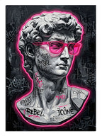 Pembe gözlüklü Davut heykeli ve grafiti neon çerçeve, pop-art tablo.