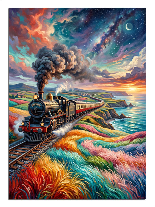 Gün batımında renkli tarlalarda buharlı tren ve deniz, manzara tablosu.