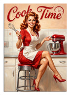 Cook Time mikserli kırmızı elbiseli retro kız, mutfak tablosu.