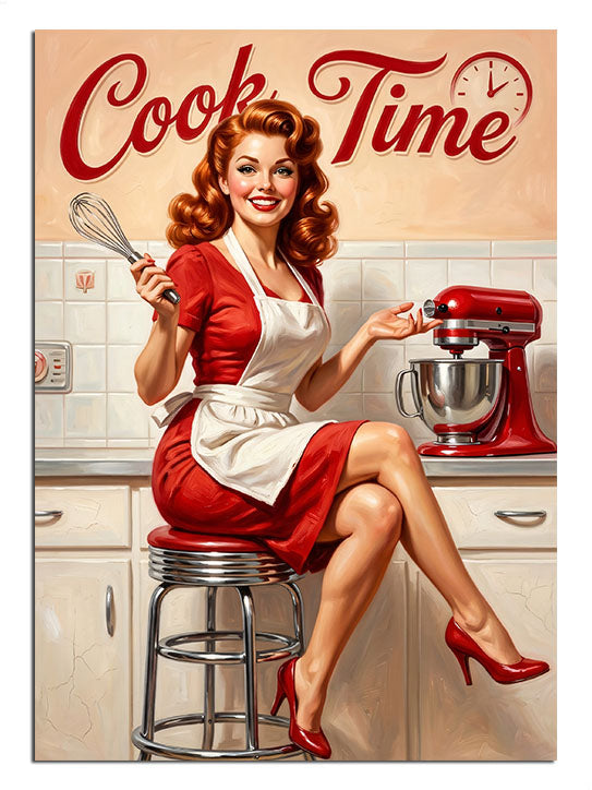 Cook Time mikserli kırmızı elbiseli retro kız, mutfak tablosu.
