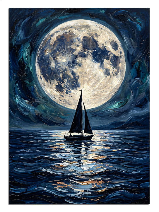 Dolunay altında denizde yelkenli tekne, gece deniz tablosu.