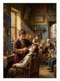 Osmanlı berber dükkanında tıraş olan adamlar ve usta, tarihi tablo.